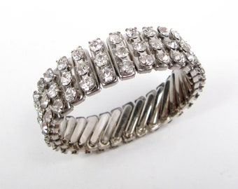 Expansion Vintage Silver Tone Rhinestone Costume Bracelet 3 Rows Wide Small Size 1950s