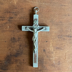 Dark Wood Inlay & Nickel Pectoral Crucifix Cross Religious 4&quot; Vintage Antique