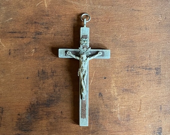 Dark Wood Inlay & Nickel Pectoral Crucifix Cross Religious 4" Vintage Antique