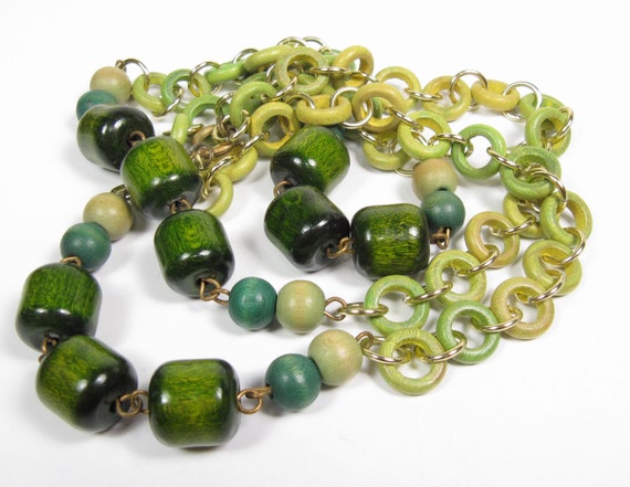 Vintage 1970s Dark and Lime Green Wood Bead & Gol… - image 1