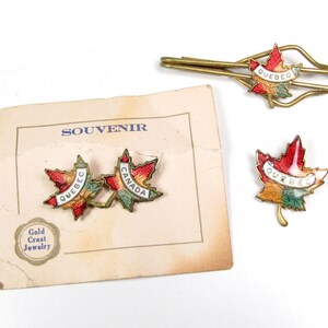 Vintage Souvenir Quebec Kanada Goldton & Emaille Ahorn Blätter Krawatte Clip und Anstecknadel viel