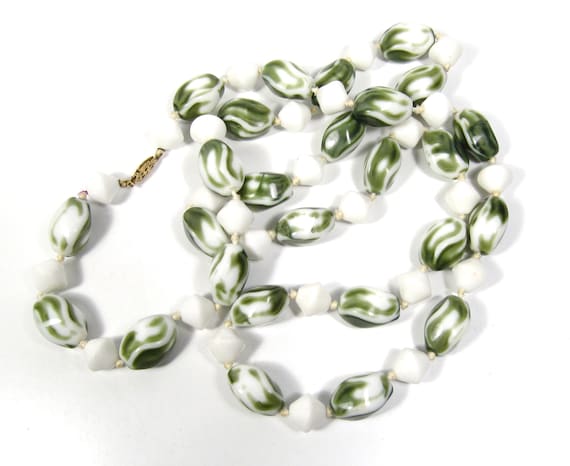 Milk Glass & Green White Bead Gold Filled Clasp N… - image 1