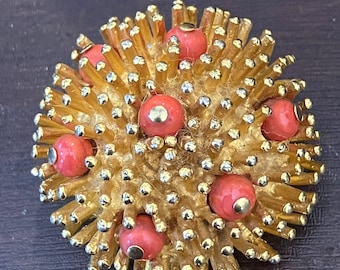 Vintage ALICE CAVINESS Gold Plated Coral Glass Pin Brooch Mid Century RARE