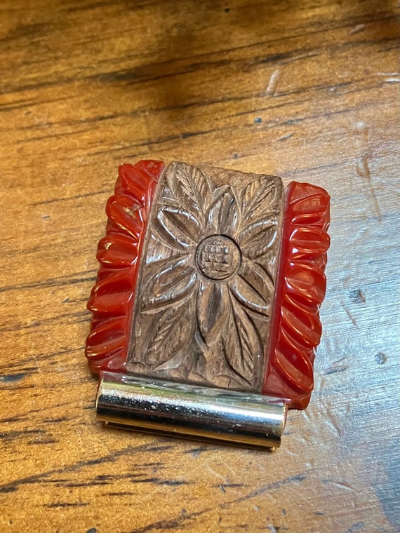 Vintage Carved Red Bakelite & Wood Flower w Chrom… - image 1