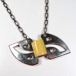 Vintage Art Deco Chrome Marbled Yellow Galalith Geometric Pendant Necklace