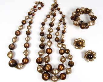 Vintage Earrings Bracelet and Necklace Set Brown & Gold Thermoset Lucite Moonglow