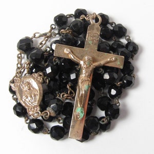 Vintage Black Crystal Bead Rosary Gold Tone Crucifix Sacred Heart Jesus 18.5&quot;