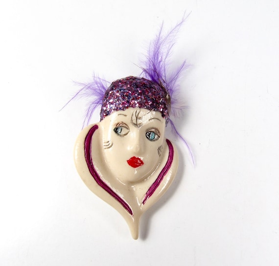 Vintage Flapper Girl Painted Wood or Resin Brooch… - image 2