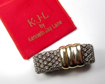 Vintage Kenneth Jay Lane KJL Wide Floral Silver Mesh Bracelet Magnetic Closure
