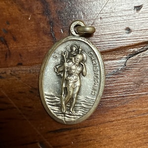 Vintage St. Saint Christopher Oval Pewter Medal Protect Us Italy VTG Travel