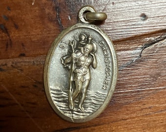 Vintage St. Saint Christopher Oval Pewter Medal Protect Us Italy VTG Travel