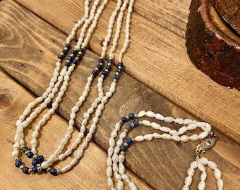 Vintage Multi Strand Freshwater Pearl Lapis Lazuli Necklace Bracelet Gold Tone