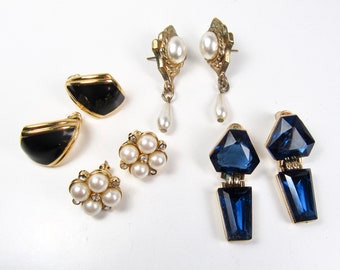 You Pick! Vintage Earrings 1980s Black Enamel Monet Gold Tone Pearls or Blue Glass Pierced Ears