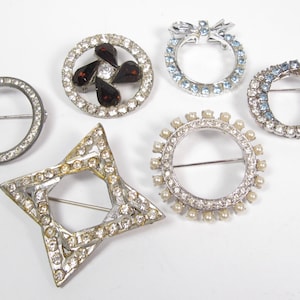 6 pc Lot Rhinestone Art Deco & Mid Century Brooch Pin Vintage Circle Pins Star