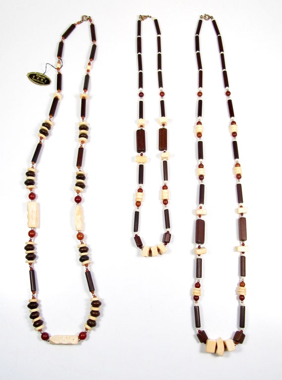 Vintage Genuine Bone Necklace Lot of 3 Wood Beads… - image 2