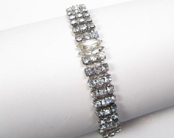 RESERVED FOR N - Vintage Silver Tone Rhinestone Costume Bracelet 3 Rows Wide Baguettes 1950s 60s.5