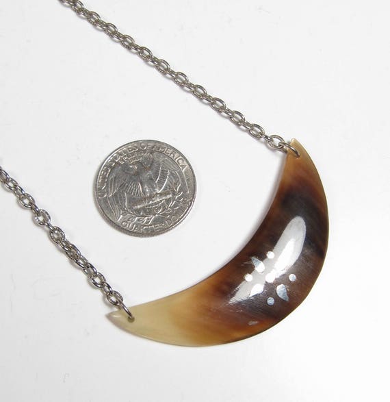 Crescent Shaped Carved Horn Pendant Silver Inlay … - image 7