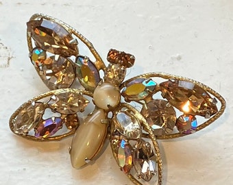 REGENCY JEWELS Gold AB Rhinestone Glass Cabochon Butterfly Brooch Pin Vintage