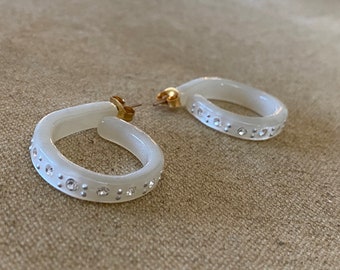 Vintage 1960s Lucite Pearly White Plastic Hoop Earrings W Rhinestones Hoops