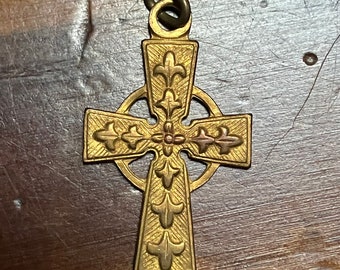 Vintage Art Nouveau Style Brass Celtic Cross Charm Pendant Fleur De Lis Flower