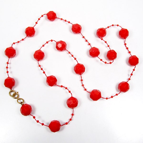 Vintage 28” Red Faceted Plastic Fused Bead Single Strand Necklace 1960s Mid Mod