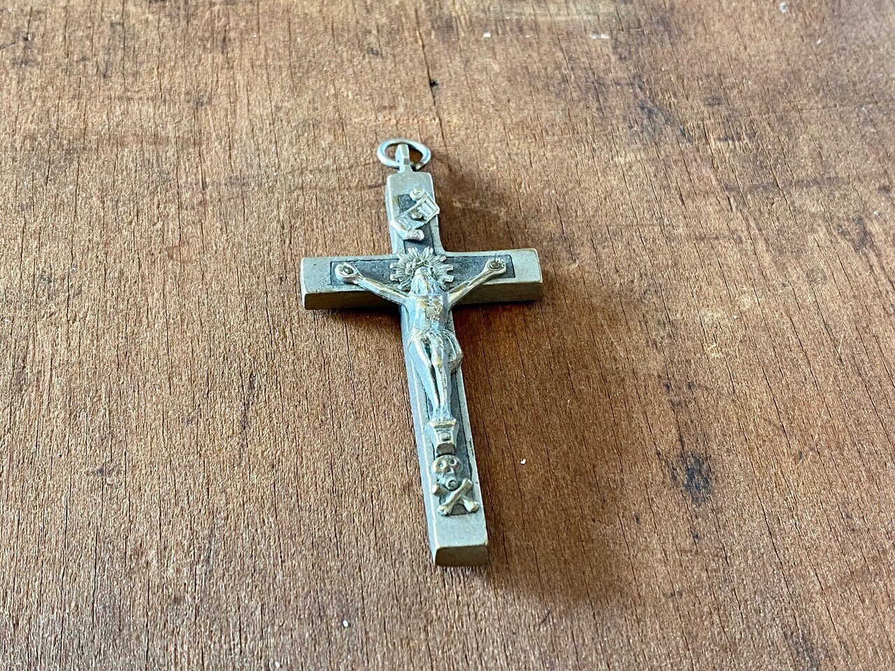 Vintage Ebony Silver Nickel Nun Priest Pectoral Crucifix Religious Skull Crossbones 3"