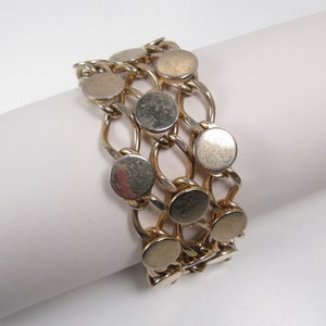 Wide Vintage Shiny Gold Tone Bracelet 1950s 60s Mid Century Circles & Chain Vtg