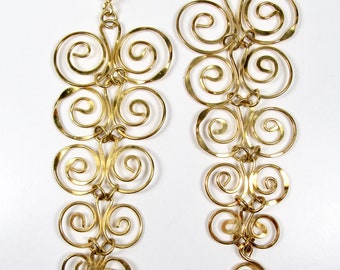 Vintage Gold Plated Swirls Statement Extremely Long 6" Dangle Earrings Swirly