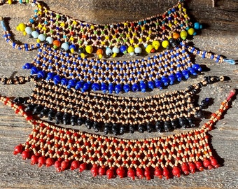 YOUR CHOICE! Vintage Hand Woven Leather and Hand Blown Glass Beaded Bib Collar Choker Necklaces