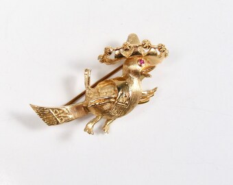 Solid 14k Yellow Gold Song Bird in Sombrero Brooch Ruby Eyes Kitschy Vintage