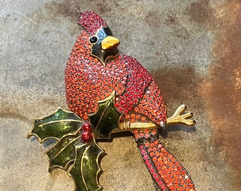 Vintage Joan Rivers Pave Rhinestone Red Cardinal with Enamel Holly Brooch Signed