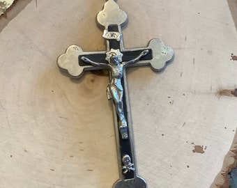 Vintage Budded Crucifix from Nun 5-1/4” Nickel Silver & Ebony Skull Crossbones