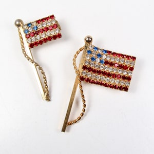 2 Vintage Rhinestone American Flag Pins Brooches Patriotic 1970s Red White Blue