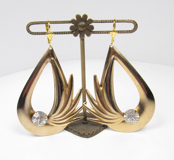 Huge Vintage Gold Tone Rhinestone Dangle Earrings… - image 5