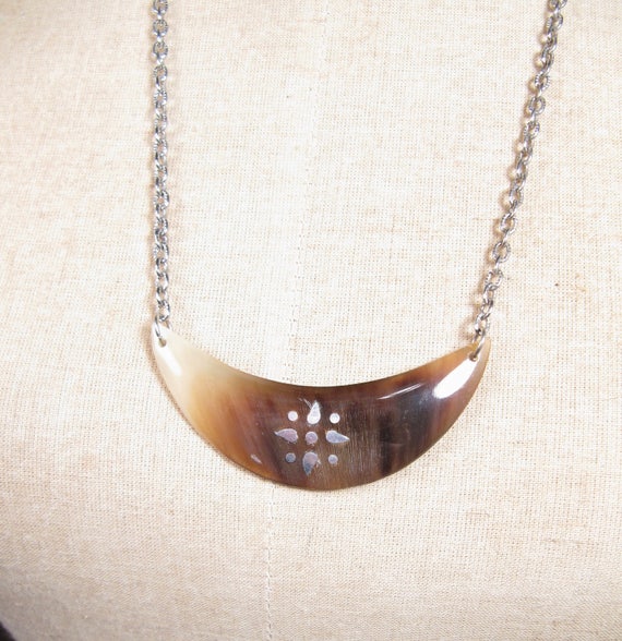 Crescent Shaped Carved Horn Pendant Silver Inlay … - image 3