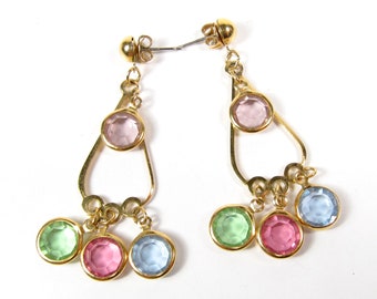 Vintage Gold Tone Teardrop Pastel Glass Charm Dangle Earrings 1980s Chandelier Style Vtg