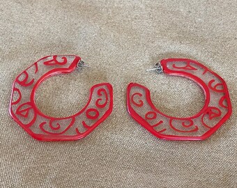 Which Color? Large Vintage Earrings Statement Translucent White or Red Lucite Crescent Hoop Pierced