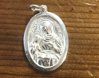 St Anne Silver Plate Religious Medal Saint Ann Vintage New Old Stock Shiny