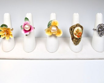 You Pick! Enamel Flower & Floral Costume Ring 1960s 1970s Gold Silver Cocktail Rings Adjustable