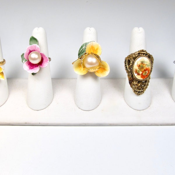 You Pick! Enamel Flower & Floral Costume Ring 1960s 1970s Gold Silver Cocktail Rings Adjustable