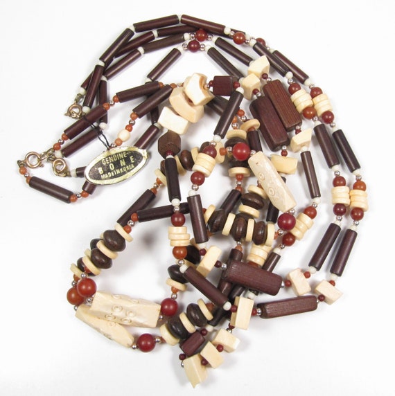 Vintage Genuine Bone Necklace Lot of 3 Wood Beads… - image 1