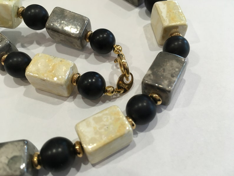 Vintage Komatsu Japan Rectangle Iridescent Grey Black Glass Bead Necklace 18
