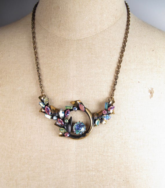 Vintage AB Crystal Brass Necklace Aurora Bourealis