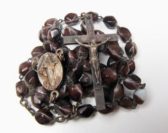 Vintage Marbled Glass Bead Rosary Medjugorje Medugorje Purple Brown White Brass