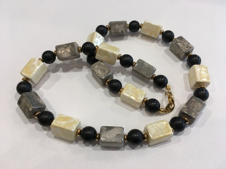 Vintage Komatsu Japan Rectangle Iridescent Grey Black Glass Bead Necklace 18