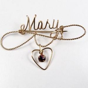 Vintage Gold Filled Wire Name Pin MARY Heart Charm Purple Glass Rhinestone