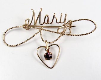 Vintage Gold Filled Wire Name Pin MARY Heart Charm Purple Glass Rhinestone
