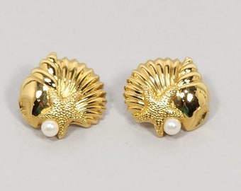 Vintage Avon Shell Earrings Pierced Gold Tone Drop Faux Pearl Starfish Ocean Beach