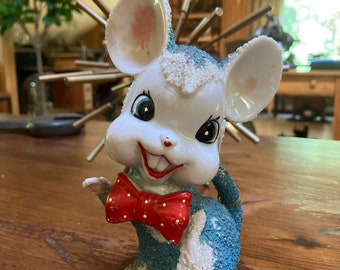 Vintage 1950s Anthropomorphic Large Blue Sugar Glaze Mouse Red Bow Tie 6.5"