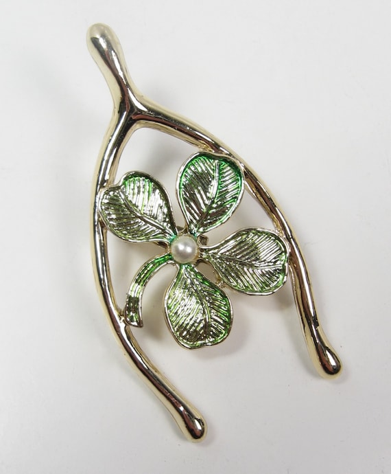Sterling Silver Large Green /& White Enamel Clover Leaf Pin Brooch w// Marcasite